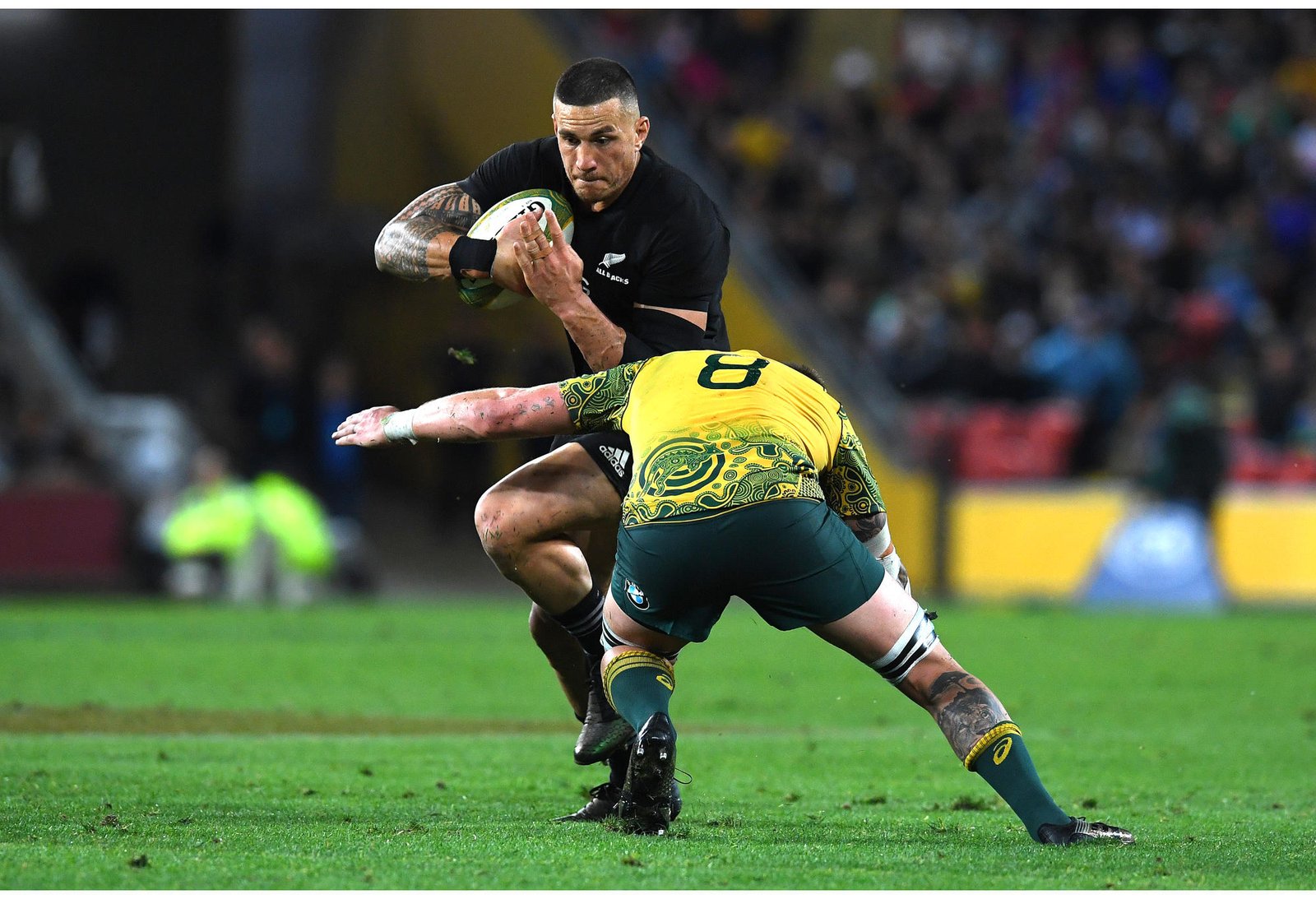 Sonny Bill Williams of the All Blacks is tackled by Sean McMahon of the Wallabies during the third Bledisloe Cup match against the Wallabies.