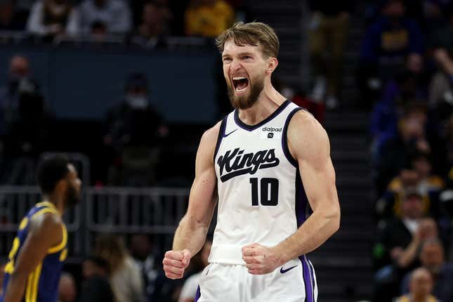 SAN FRANCISCO, CALIFORNIA - JANUARY 25: Domantas Sabonis #10 of the Sacramento Kings reacts during their game against the Golden State Warriors at Chase Center on January 25, 2024 in San Francisco, California. NOTE TO USER: User expressly acknowledges and agrees that, by downloading and or using this photograph, User is consenting to the terms and conditions of the Getty Images License Agreement.  (Photo by Ezra Shaw/Getty Images)