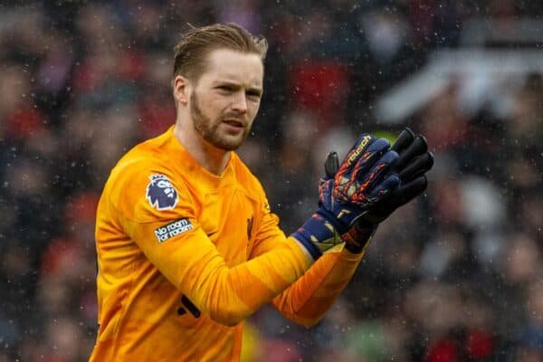 MANCHESTER, ENGLAND - Sunday, April 7, 2024: Liverpool's goalkeeper Caoimhin Kelleher applauds the supporters before the FA Premier League match between Manchester United FC and Liverpool FC at Old Trafford. The game ended in a 2-2 draw. (Photo by David Rawcliffe/Propaganda)