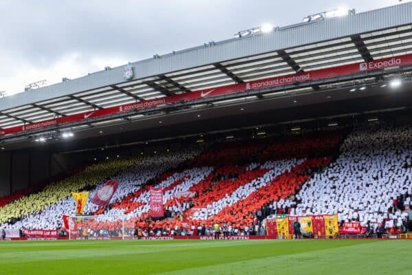 LIVERPOOL, ENGLAND - Sunday, April 14, 2024: Liverpool supporters mosaic for the 97 victims of the Hillsborough Stadium Disaster before the FA Premier League match between Liverpool FC and Crystal Palace FC at Anfield. (Photo by David Rawcliffe/Propaganda)