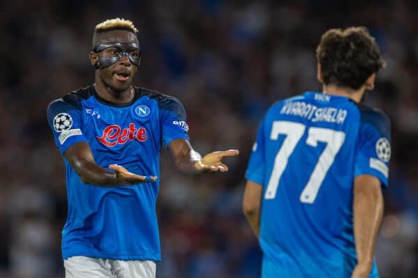 NAPLES, ITALY - Wednesday, September 7, 2022: SSC Napoli's Victor Osimhen (L) consoles Khvicha Kvaratskhelia (R) after a missed chance during the UEFA Champions League Group A matchday 1 game between SSC Napoli and Liverpool FC at the Stadio Diego Armando Maradona. Napoli won 4-1. (Pic by David Rawcliffe/Propaganda)