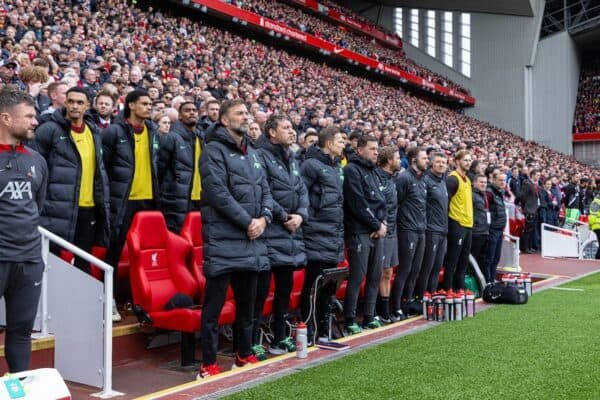 LIVERPOOL, ENGLAND - Sunday, April 14, 2024: Liverpool manager Jürgen Klopp and his staff stand for a moments' of silence to remember the 97 victims of the Hillsborough Stadium Disaster before the FA Premier League match between Liverpool FC and Crystal Palace FC at Anfield. (Photo by David Rawcliffe/Propaganda)